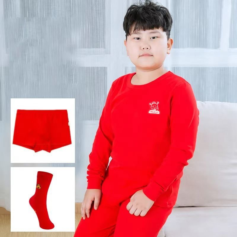 胖男童大红色内衣套装本命年纯棉秋衣秋裤加肥加大男孩子打底毛衫