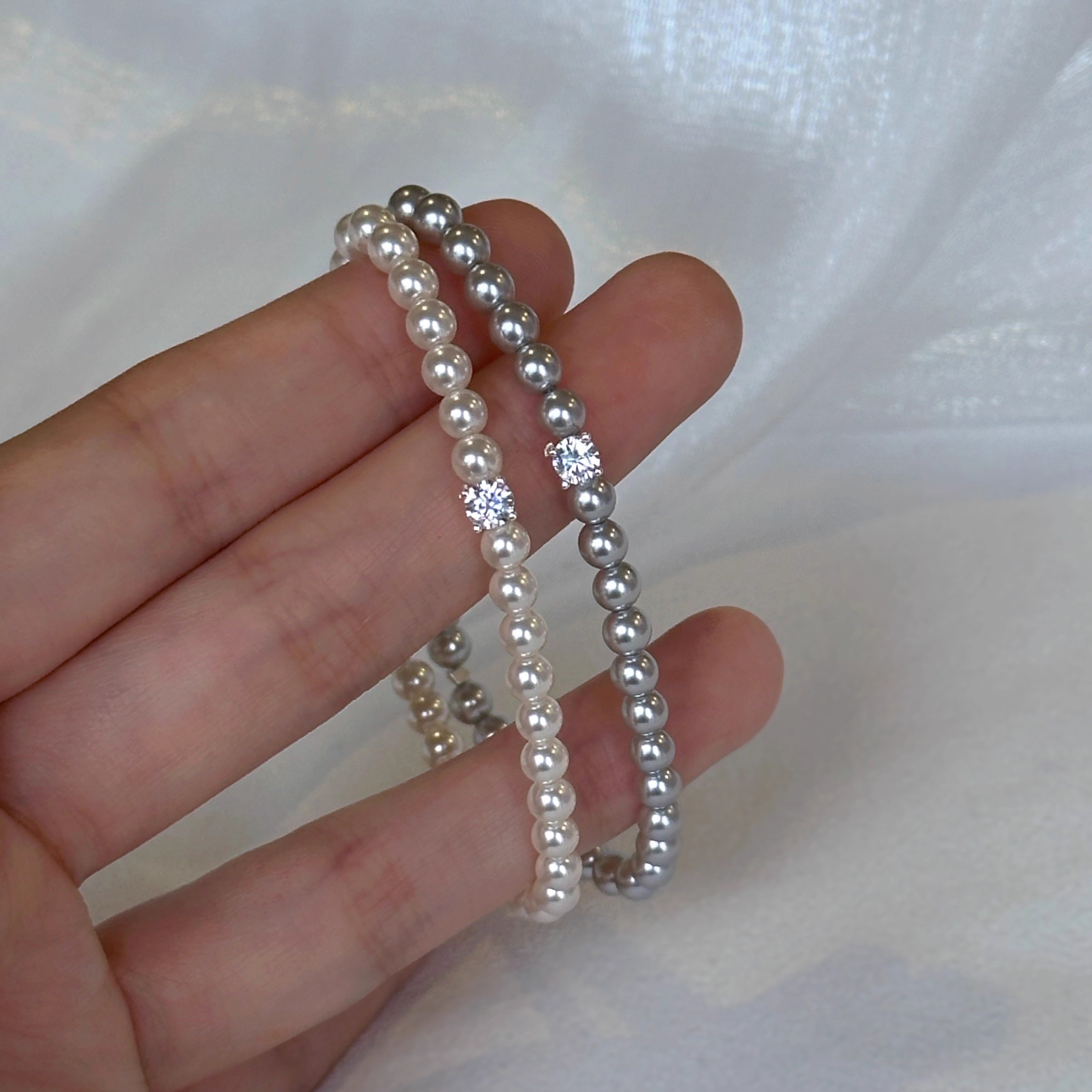 925银仿珍珠手链 鲛人语/流心方糖 施家珍珠简约通勤爆闪锆石手链