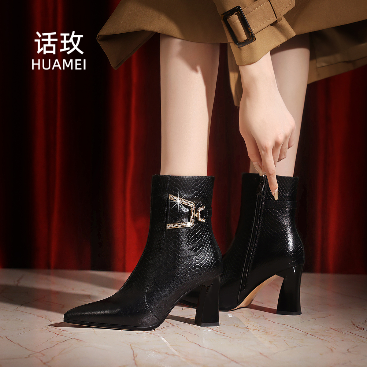 真皮黑色短靴女2023新款冬季加绒粗跟尖头马丁靴气质高跟时尚靴子