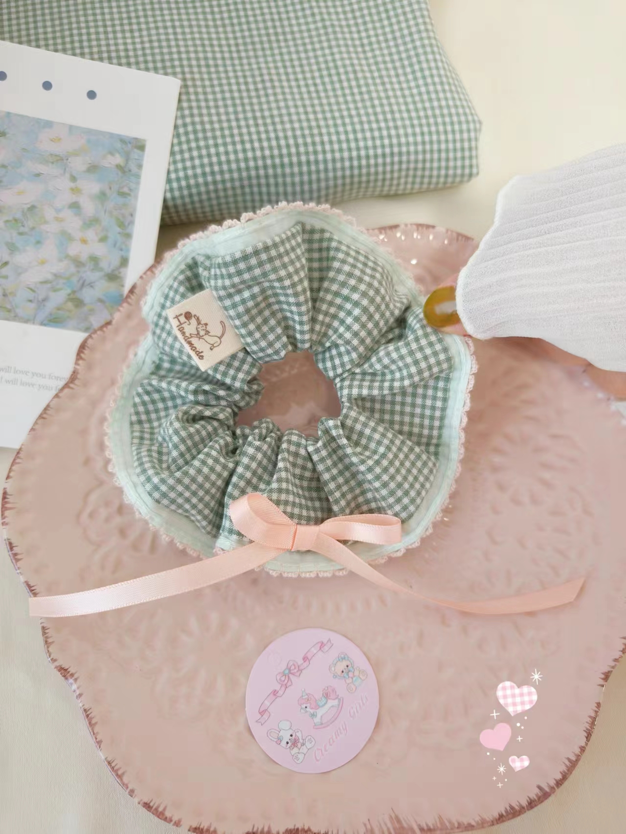 田园风 格子大肠发圈 布艺发饰 蝴蝶结偏远地区100包邮哦