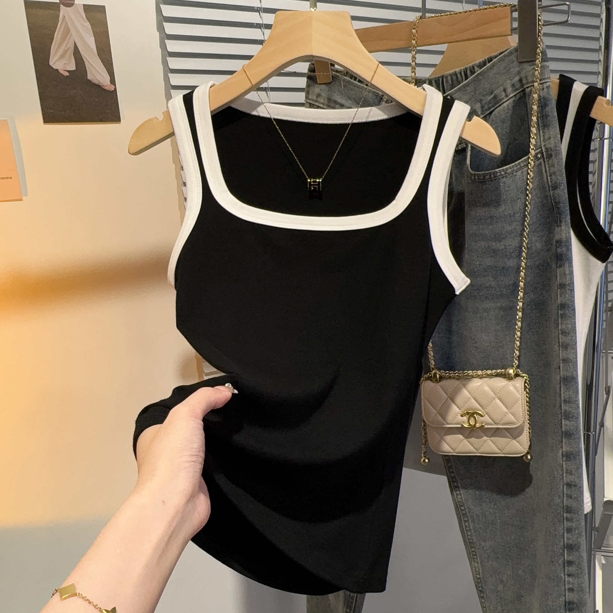 螺纹撞色吊带背心女内搭夏季遮副乳紧身显瘦性感百搭方领无袖上衣