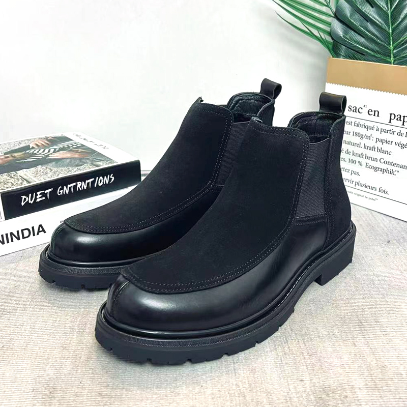 头层牛皮男士休闲高帮皮鞋时尚百搭加绒厚底秋冬切尔西靴男英伦风