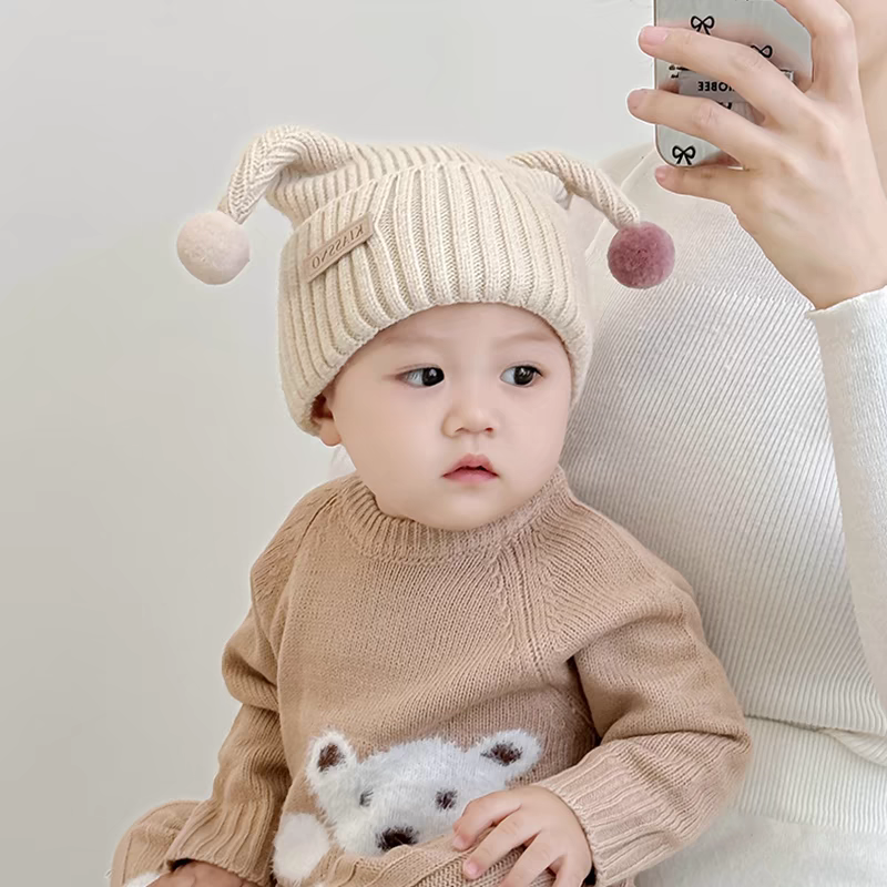 宝宝帽子秋冬护耳帽女孩男童针织毛球帽冬季保暖加厚婴儿童毛线帽