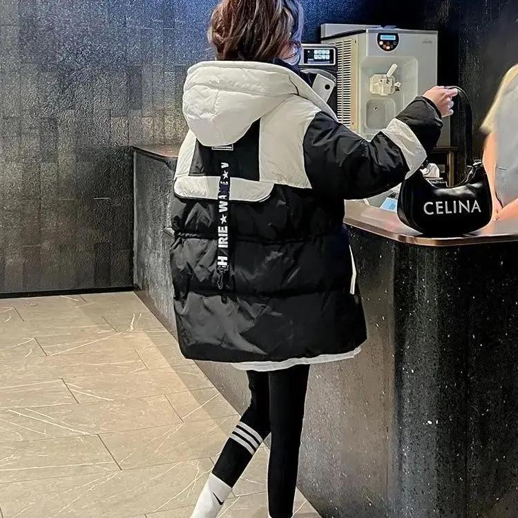 黑色中长款派克羽绒羽绒衣服女2023冬季新款小个子宽松显瘦连帽棉