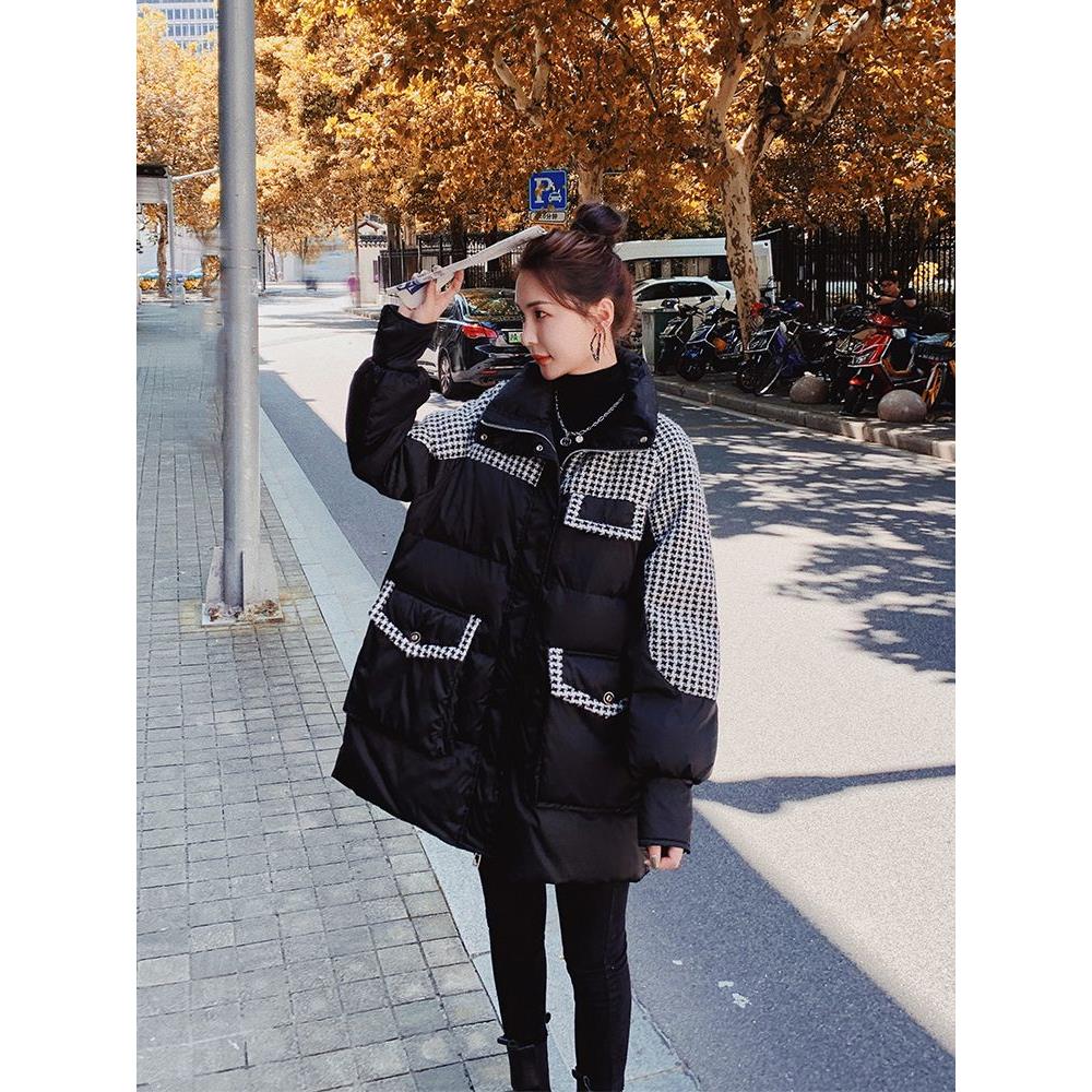 千鸟格黑色羽绒羽绒服女2023年新款冬季韩版宽松加厚棉衣小