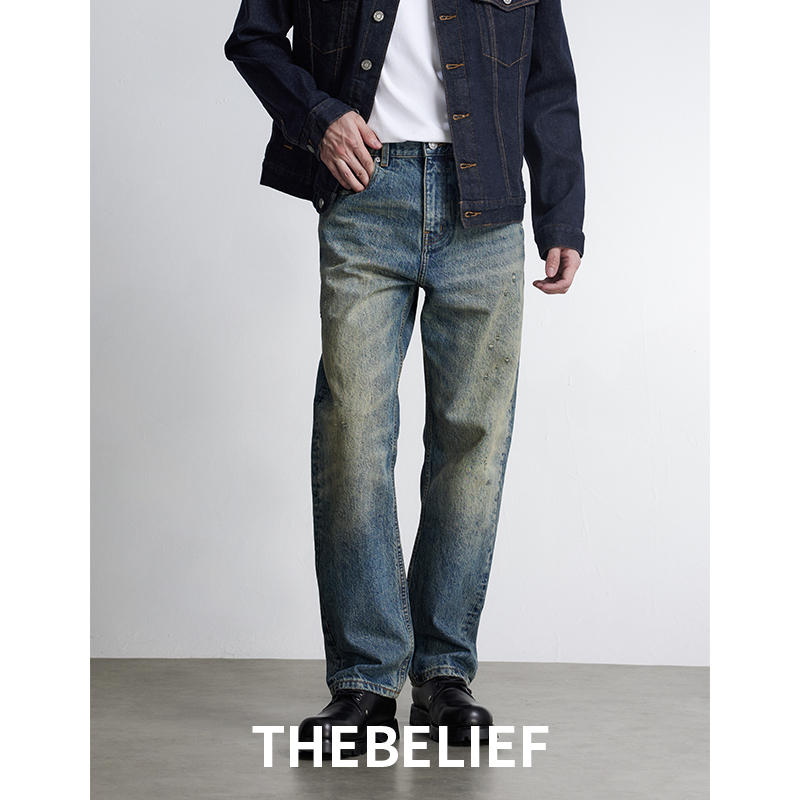 24719#日本冈山KUROKI秋冬复古做旧水洗蓝宽松直筒牛仔裤男