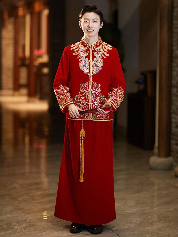 新中式丝绒秀禾服2024结婚嫁衣新郎结婚礼服大码绣花接亲复古中式
