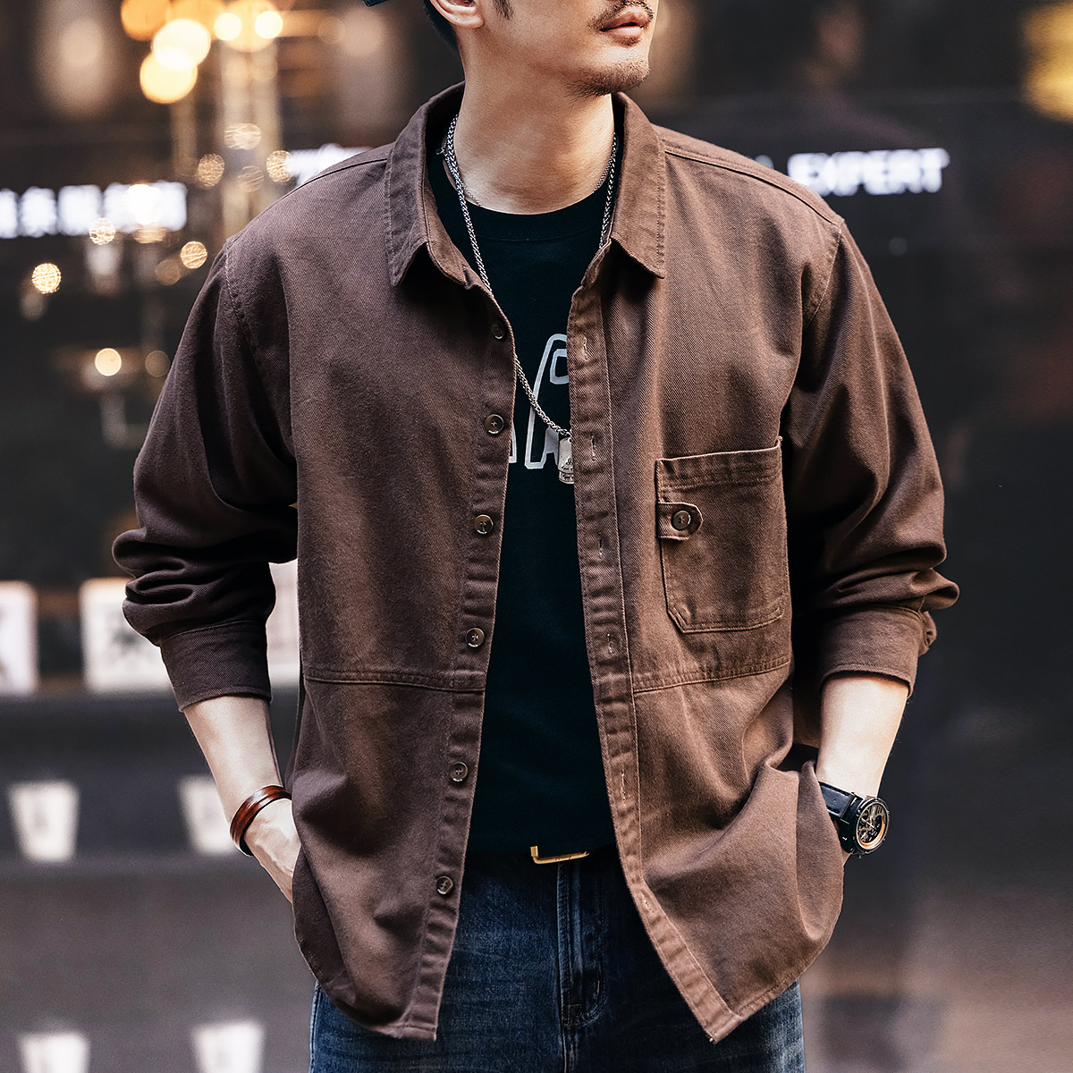 格蓝鹿高端复古丝光工装衬衫男秋冬季潮牌宽松阿美咔叽夹克男外套