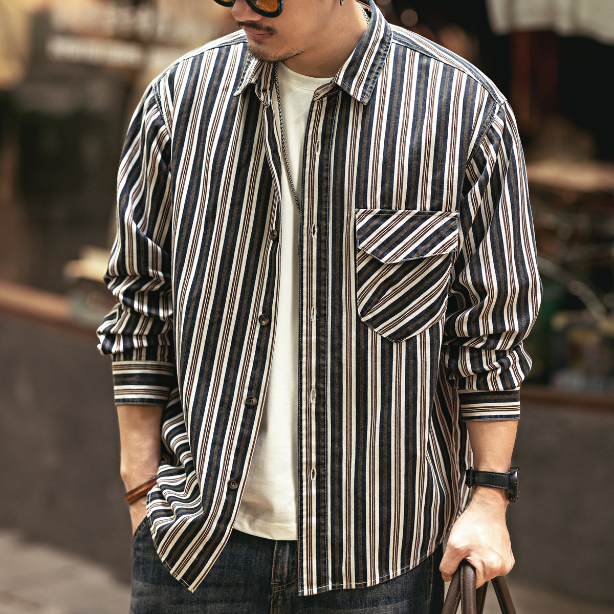 格蓝鹿日系复古条纹衬衫男秋季潮牌宽松休闲痞帅工装长袖衬衣男装