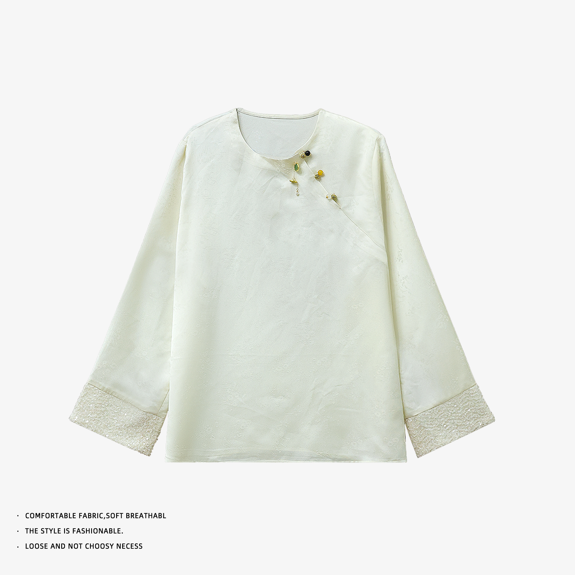 【LLJR】新中式国风唐装上衣拼接亮片喇叭袖提花衬衫E22364021