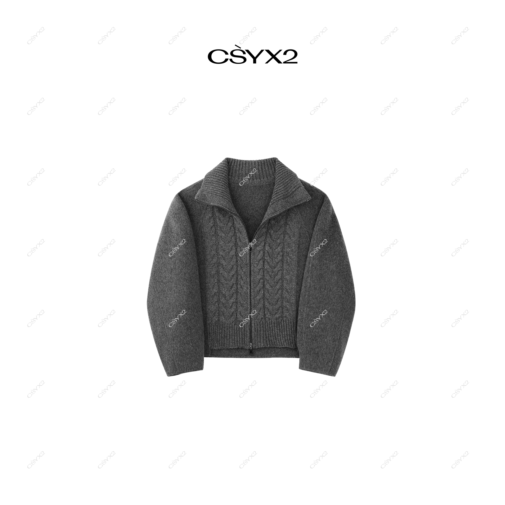 CsyX2-2025羊毛混纺翻领螺旋纹收腰拉链长袖针织外套CA4DQ008