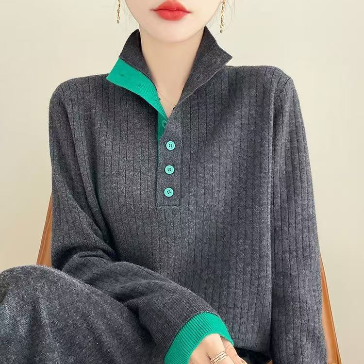 新款立领半开翻领加厚拼色宽松厚款坑条针织衫 NSY253