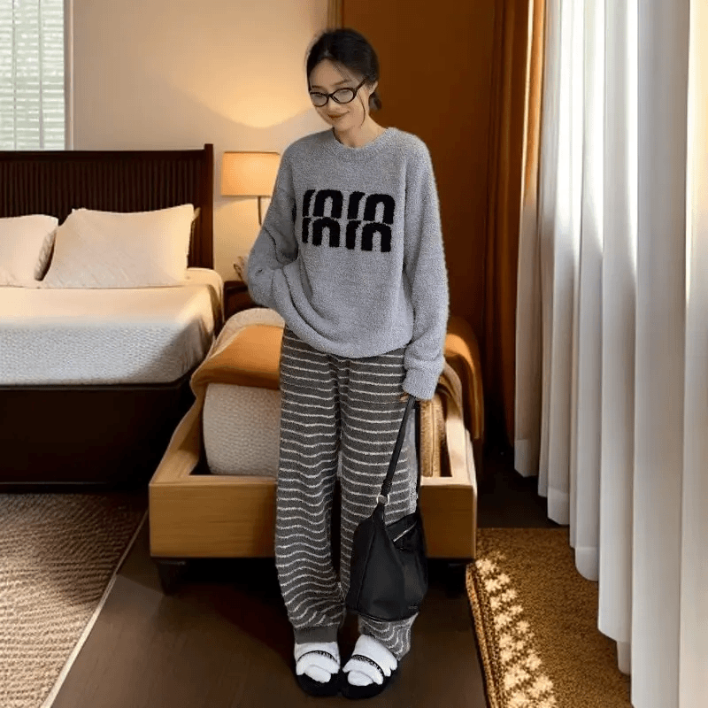 半边绒圆领卫衣上衣绵绵热能保暖加厚条纹宽松阔腿直筒裤家居服女