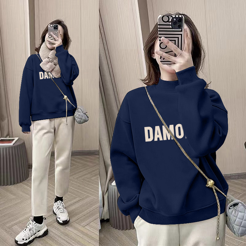 深蓝色半高领卫衣女加绒加厚显瘦宽松时尚2023秋冬新款爆款上衣