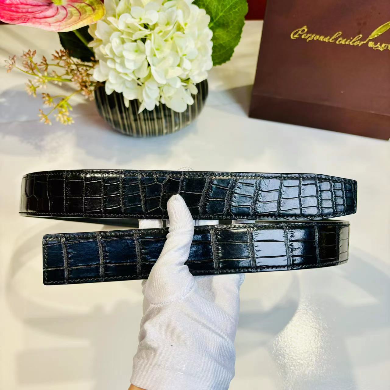 【森帝】湾鳄纯水染高端皮料男士男款真鳄鱼皮腰带手工制作缝线
