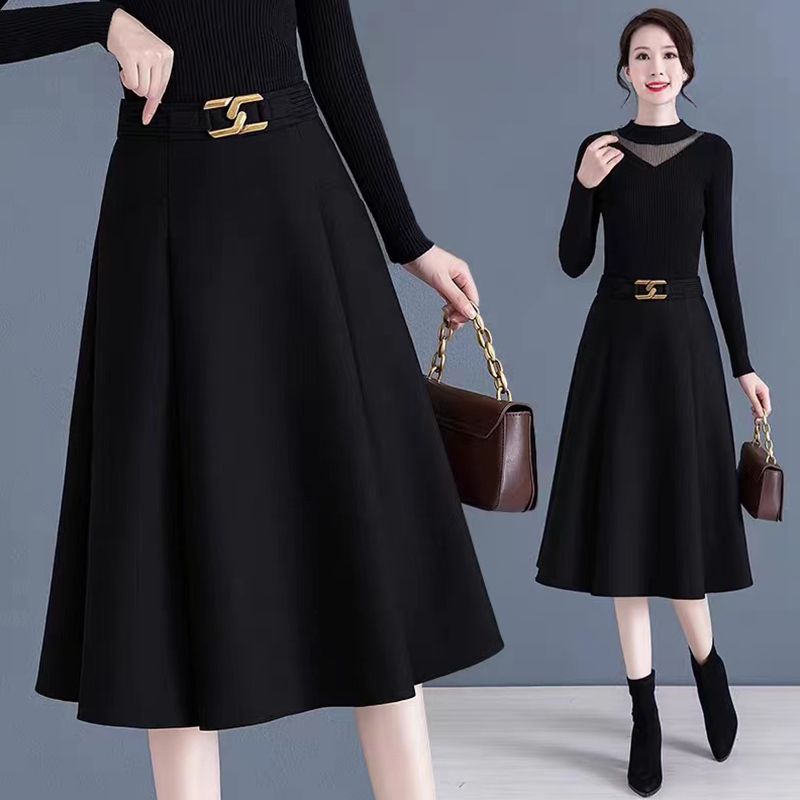 2025冬季新款加厚毛呢半身裙女百褶中长款显瘦垂感大摆a字裙子