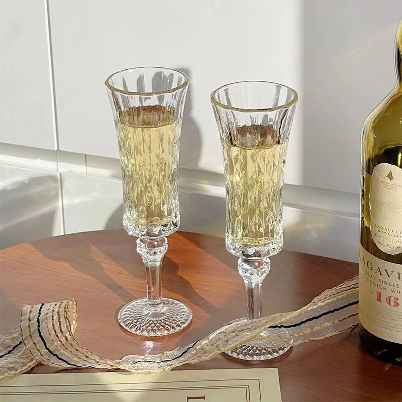 复古浮雕高脚香槟杯ins风高颜值玻璃水杯女洋酒红酒杯甜果酒杯子