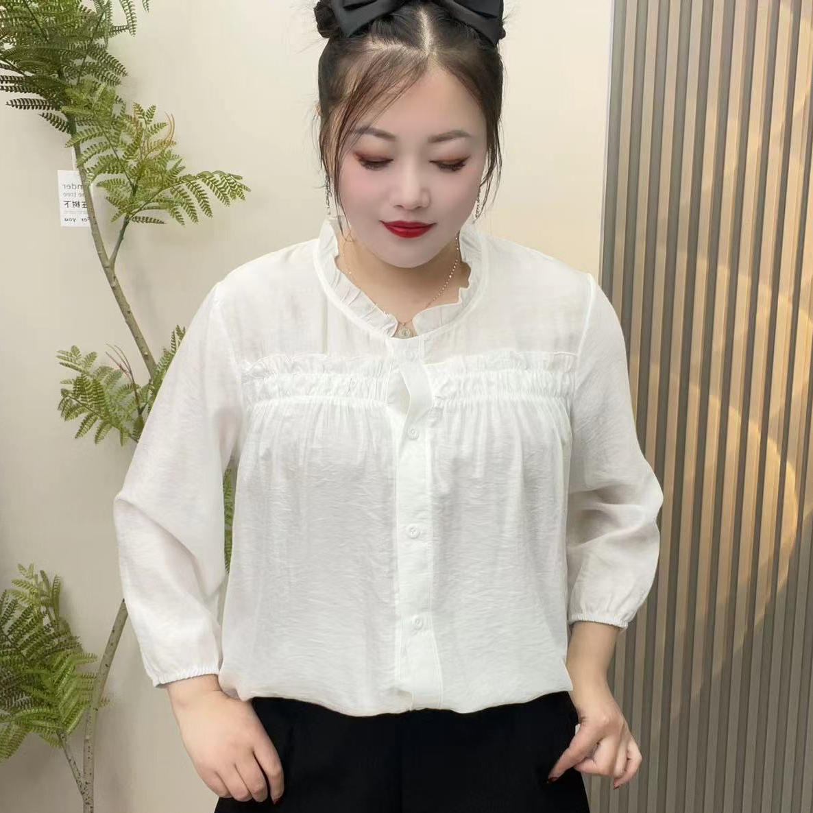 夏季九分袖大码女装爆款2025褶皱显瘦遮肉上衣薄款