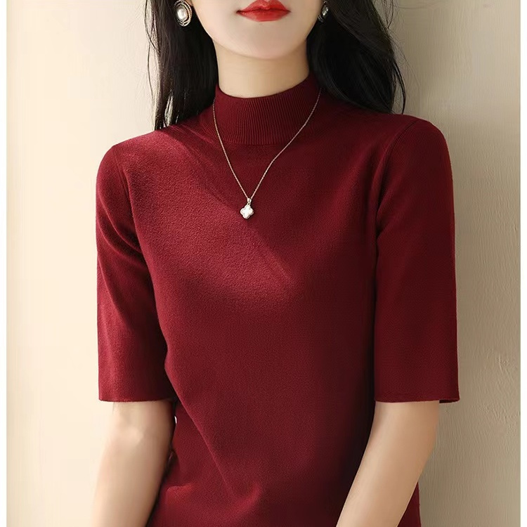 洋气半高领中袖针织修身打底衫女春秋2023新款显瘦内搭五分袖上衣