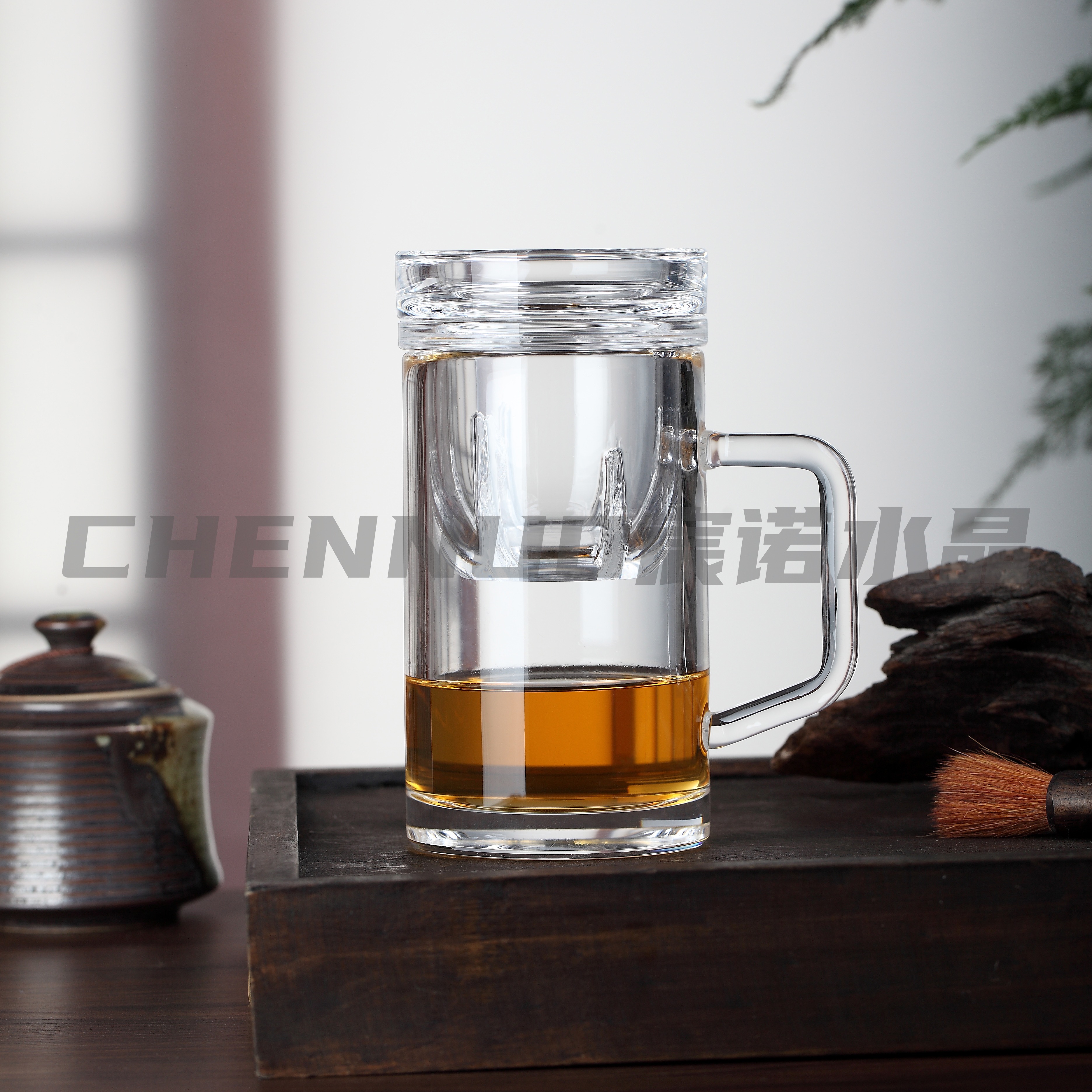 原矿宸诺纯水晶茶杯透明家用高档办公室大容量绿茶杯带盖过滤耐热