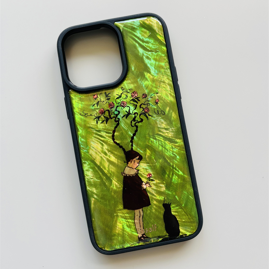 ssself天然贝母女孩猫咪手机壳适用苹果手机套16promax复古绿色