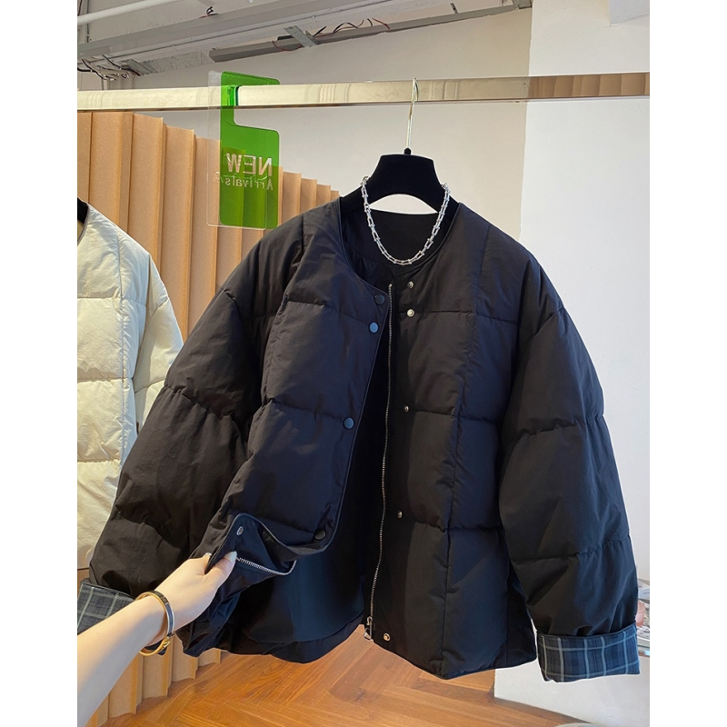 韩国韩版超好看无领棉服女冬季2024新款宽松格子拼接圆领夹棉外套