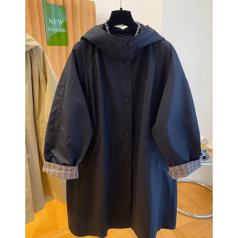 韩版宽松休闲简约时尚纯色高级感气质大衣外套中长款连帽风衣女