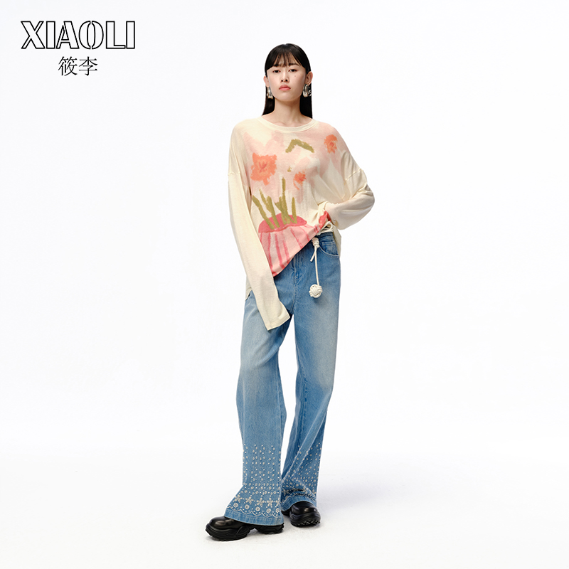 XIAOLI筱李 姜贞羽同款 24秋冬新款莫奈印象印花绵羊毛T恤罩衫
