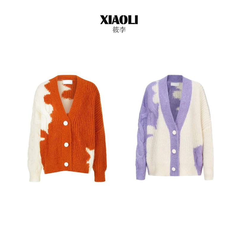 XIAOLI筱李设计师品牌 秋冬长袖慵懒风马海毛绞花拼接针织开衫