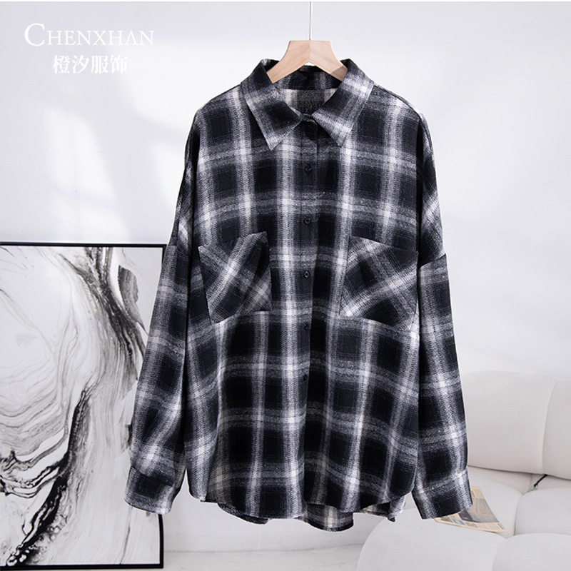 黑色格子衬衫女时尚百搭港风复古明星同款棉衬衫外套长袖宽松休闲