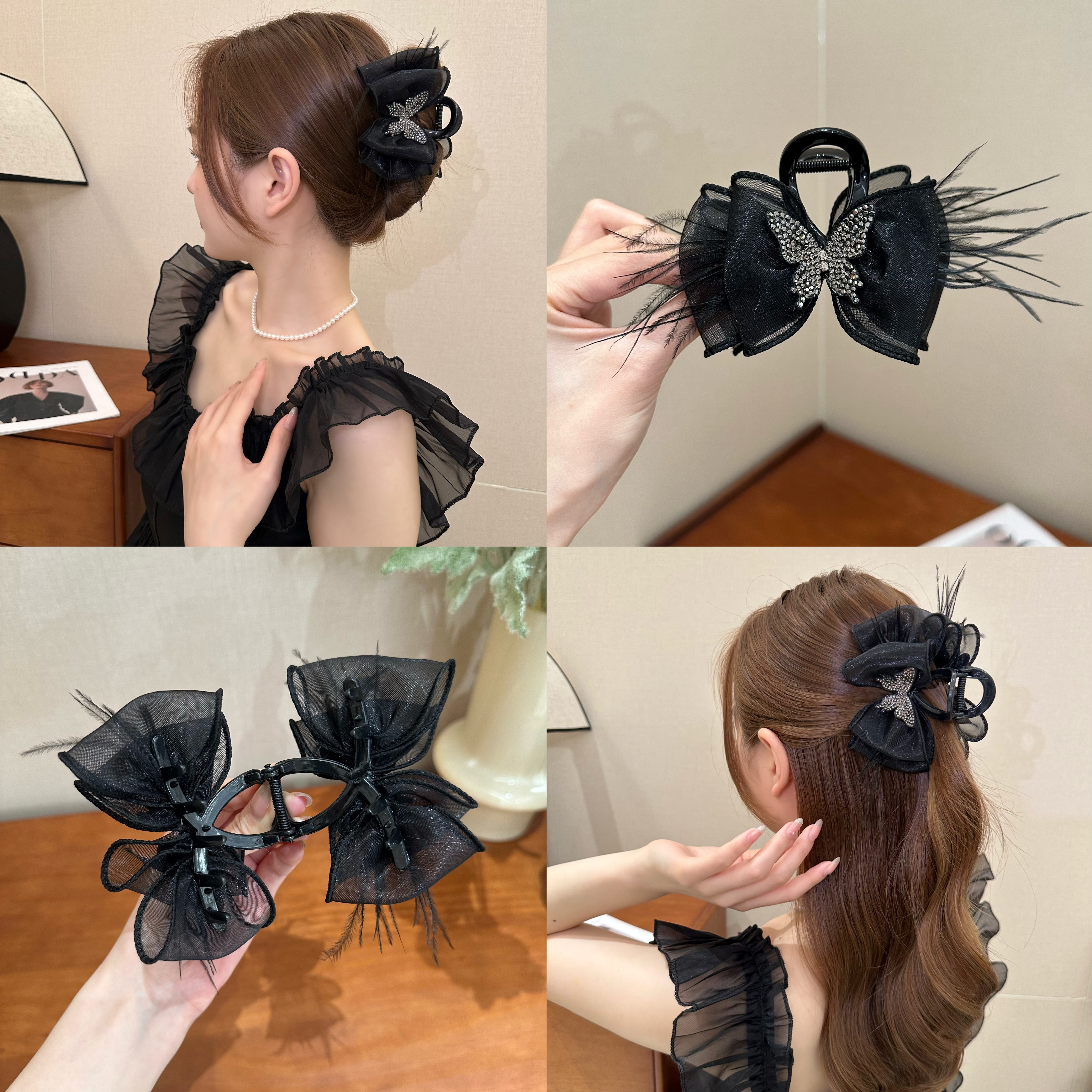 (蝶舞）高级感灵动蝴蝶气质网纱羽毛抓夹法式优雅高颅顶后脑勺夹