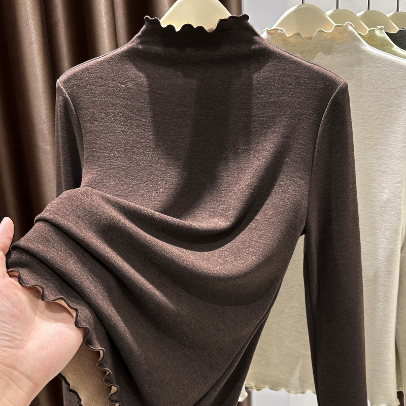 木耳边半高领保暖内搭女高级感加绒加厚秋冬新款双面德绒打底衫