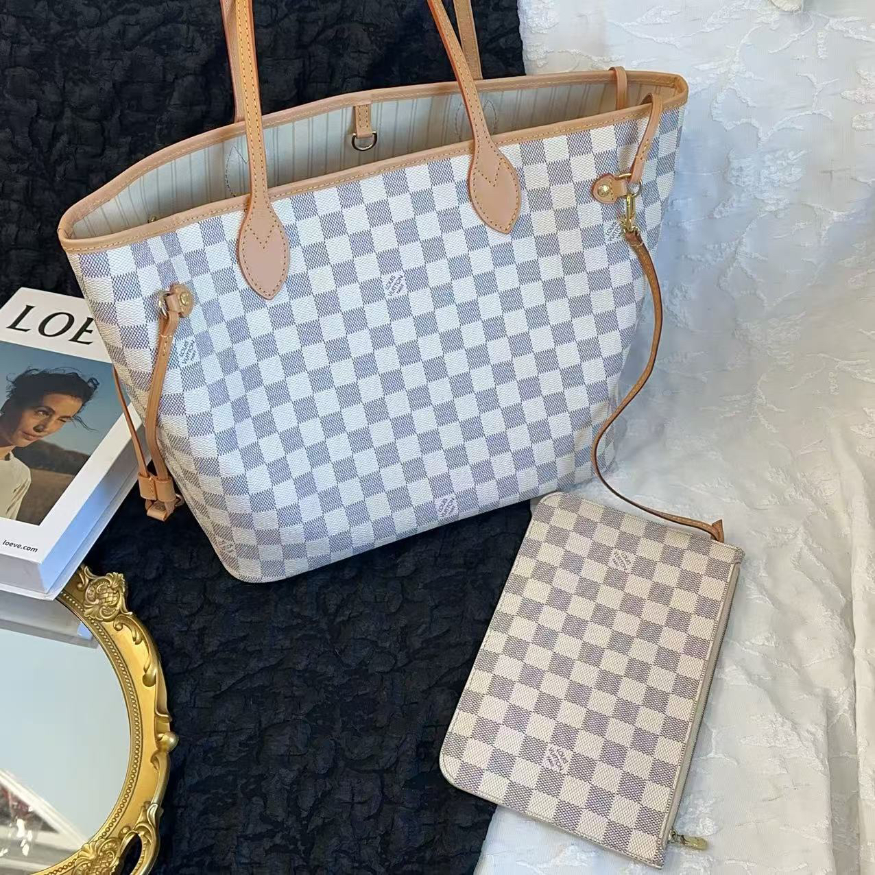 95新 LouisVuitton/路易威登 白棋盘nf子母托特包/聪/更换植鞣革