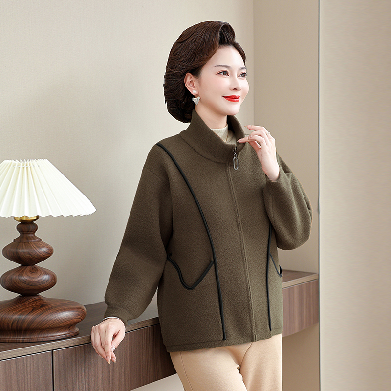 中年女秋冬短款拉链衫百搭毛呢外套翻领胖妈妈上衣外套针织开衫女