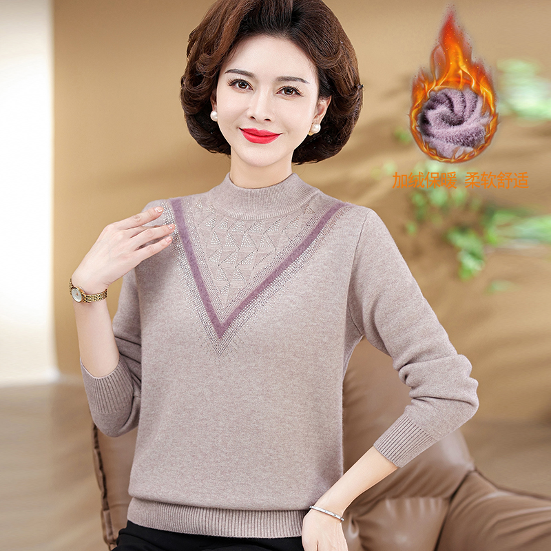 妈妈秋冬加绒加厚毛衣气质纯色中年女长袖半高领保暖打底衫针织女