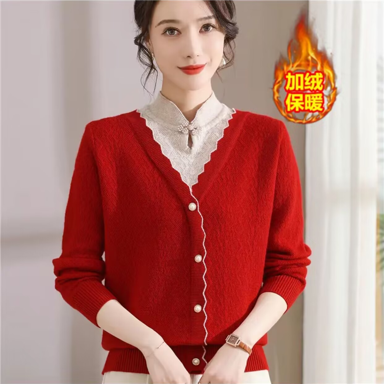 妈妈旗袍领秋冬加绒加厚打底衫百搭国风中年女一体绒毛衣保暖上衣