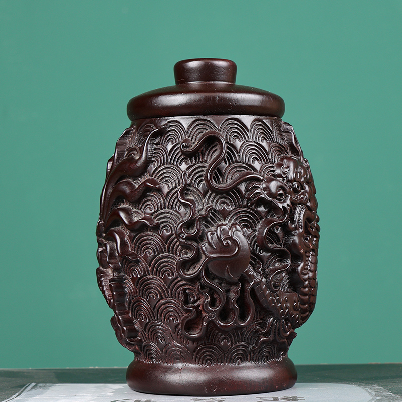 恆瑋閣紫光檀高端雕龙茶叶罐(高18直径12公分)生意兴隆茶叶罐
