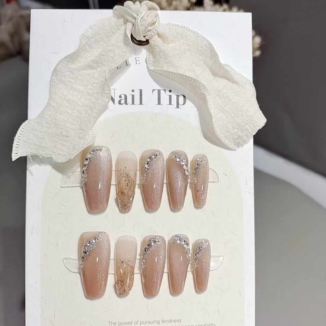 穿戴甲10片S013斜边碎钻中梯气质猫眼手工重工炫酷百搭假指甲片