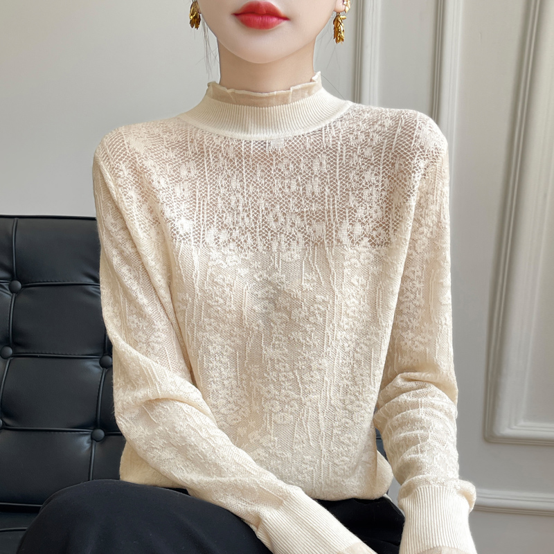 白色蕾丝打底女秋冬木耳边花边领宽松小香风内搭薄款毛衣羊毛衫