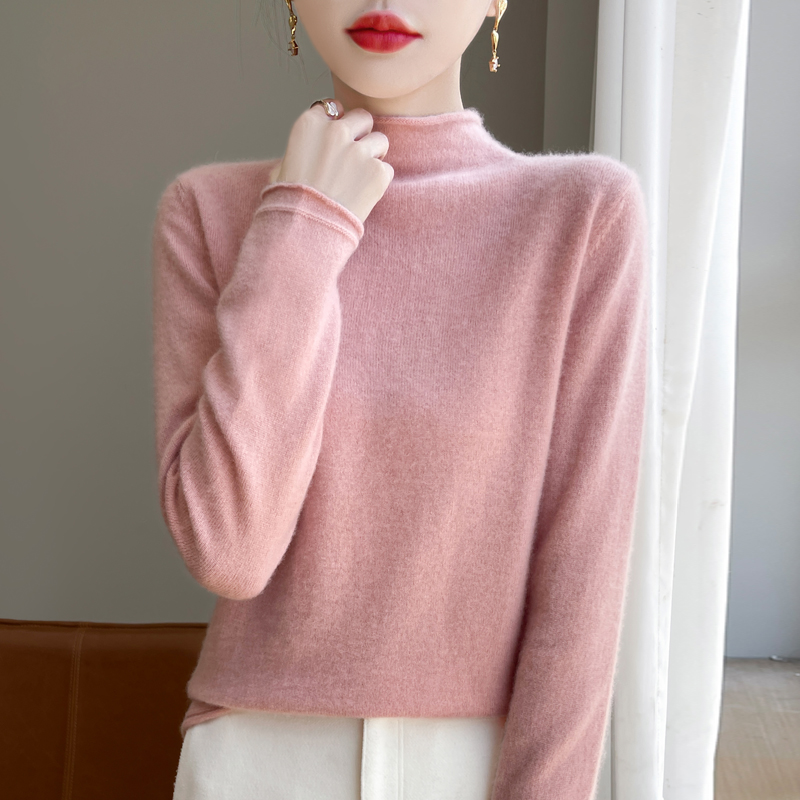 秋冬纯色羊毛衫女毛衣半高领卷边针织宽松气质时尚百搭打底羊毛衫