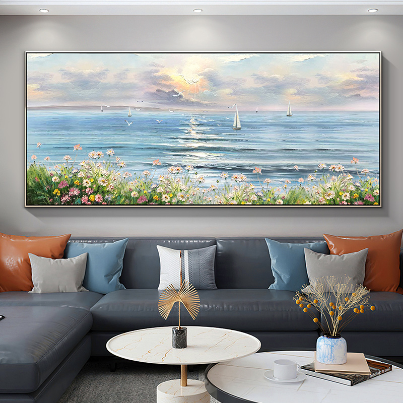 客厅纯手绘油画横幅日出海景一帆风顺挂画高级感沙发背景墙装饰画
