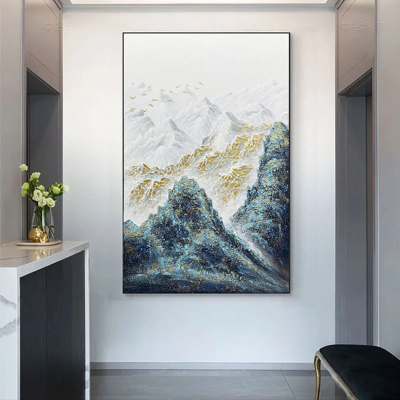 孔雀蓝金山纯手绘油画客厅玄关装饰画竖版现代轻奢沙发背景墙挂画