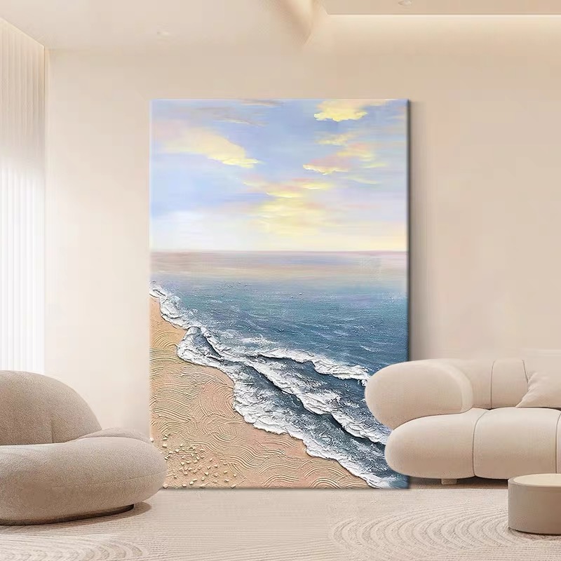 蓝色大海沙滩落地肌理画玄关砂岩纯手绘油画客厅抽象风景装饰挂画