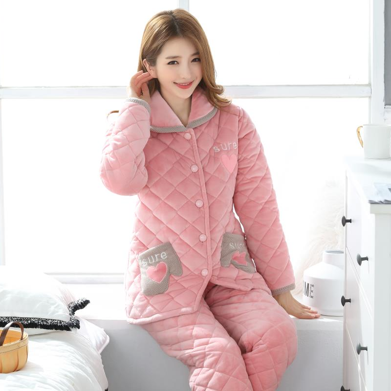 三层加厚夹棉睡衣女2023新款秋冬长袖长裤家居服两件套装可外穿