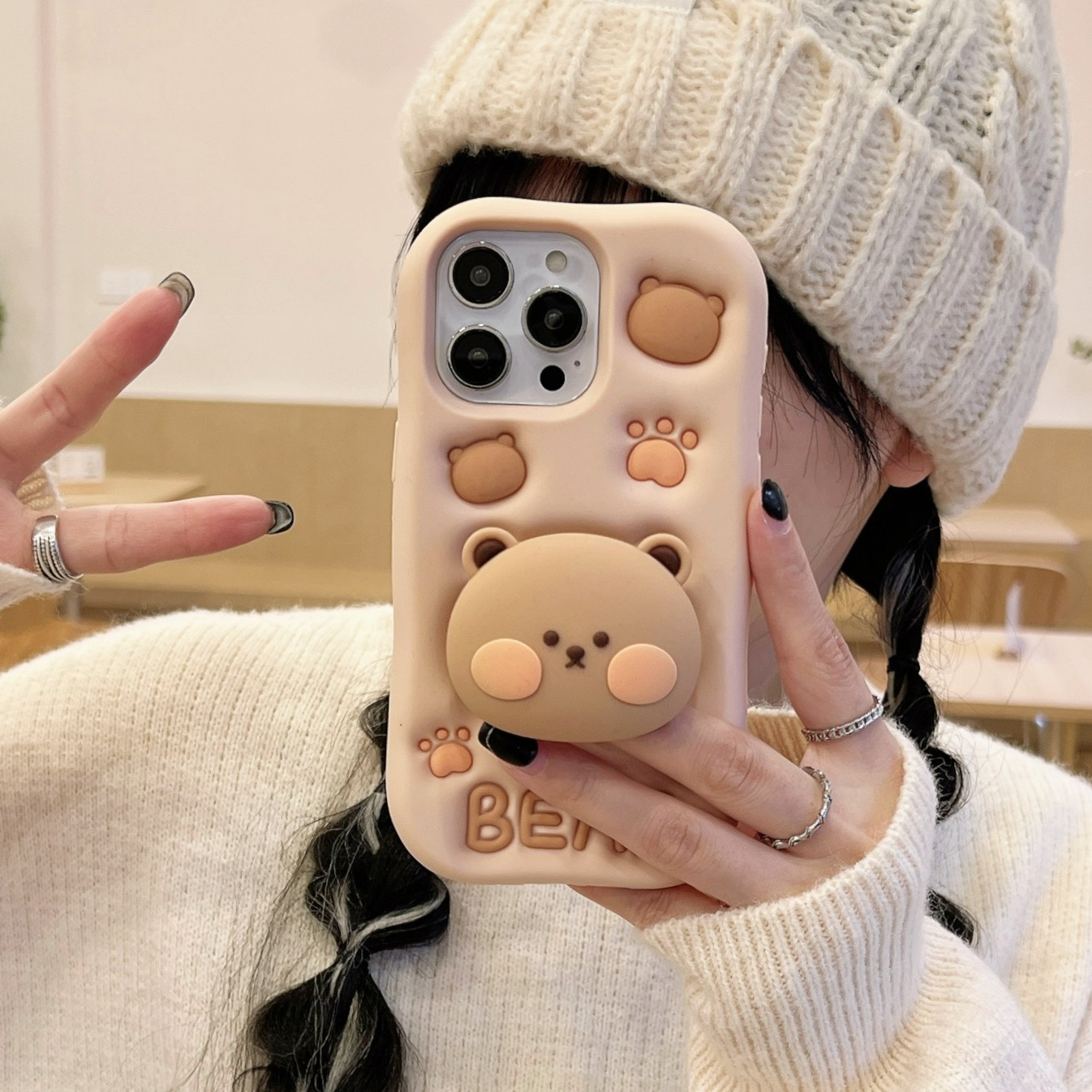 适用苹果华为|小熊支架棕色bear熊可爱iPhone17立体软硅胶手机壳