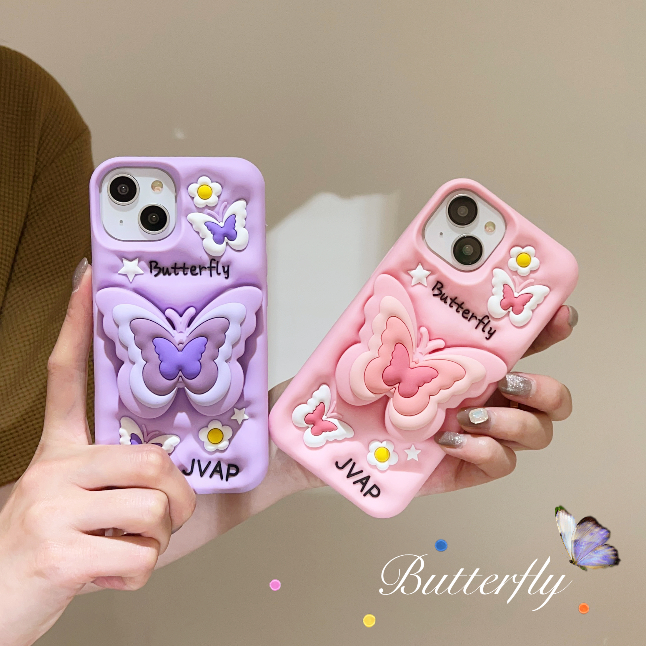 (适用苹果华为)立体蝴蝶支架可爱卡通iPhone16全包女款硅胶手机壳