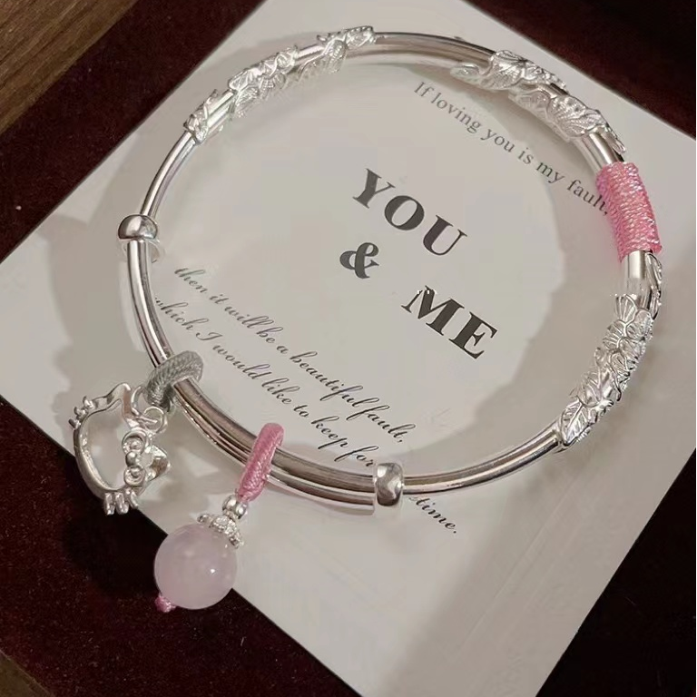 足银手镯  49号 繁花似锦KT猫推拉编制足银手镯