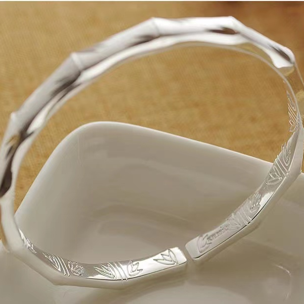 足银手镯 33号磨砂竹节开口实心足银手镯百搭气质