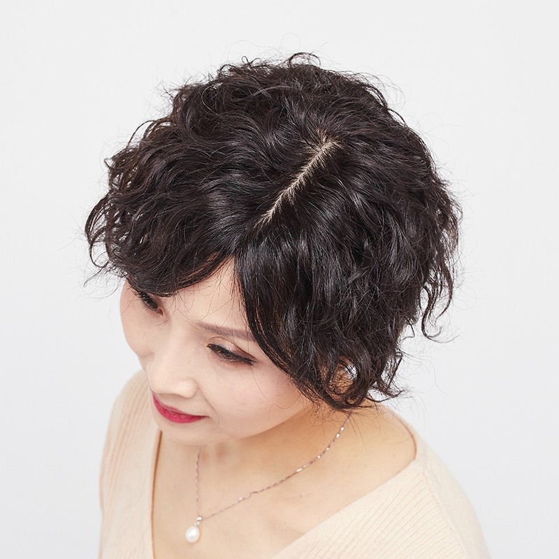 真人发丝手织头顶舒适造型片妈妈款真发遮盖白发女舒适造型羊毛卷