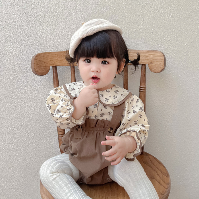 婴童套装2023秋韩版0-2岁婴幼童碎花娃娃衫上衣背带包屁裤两件套1